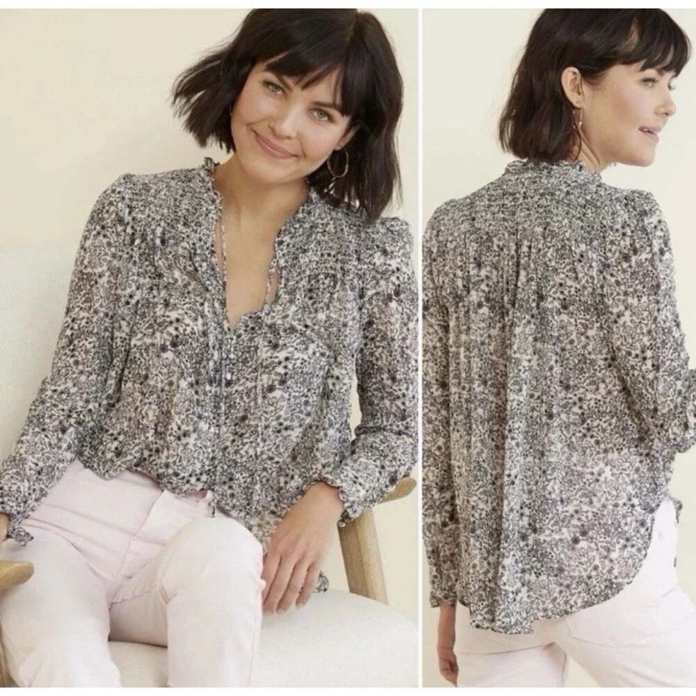 Free People Long Sleeve Floral Smocked Blouse Blue Size XS